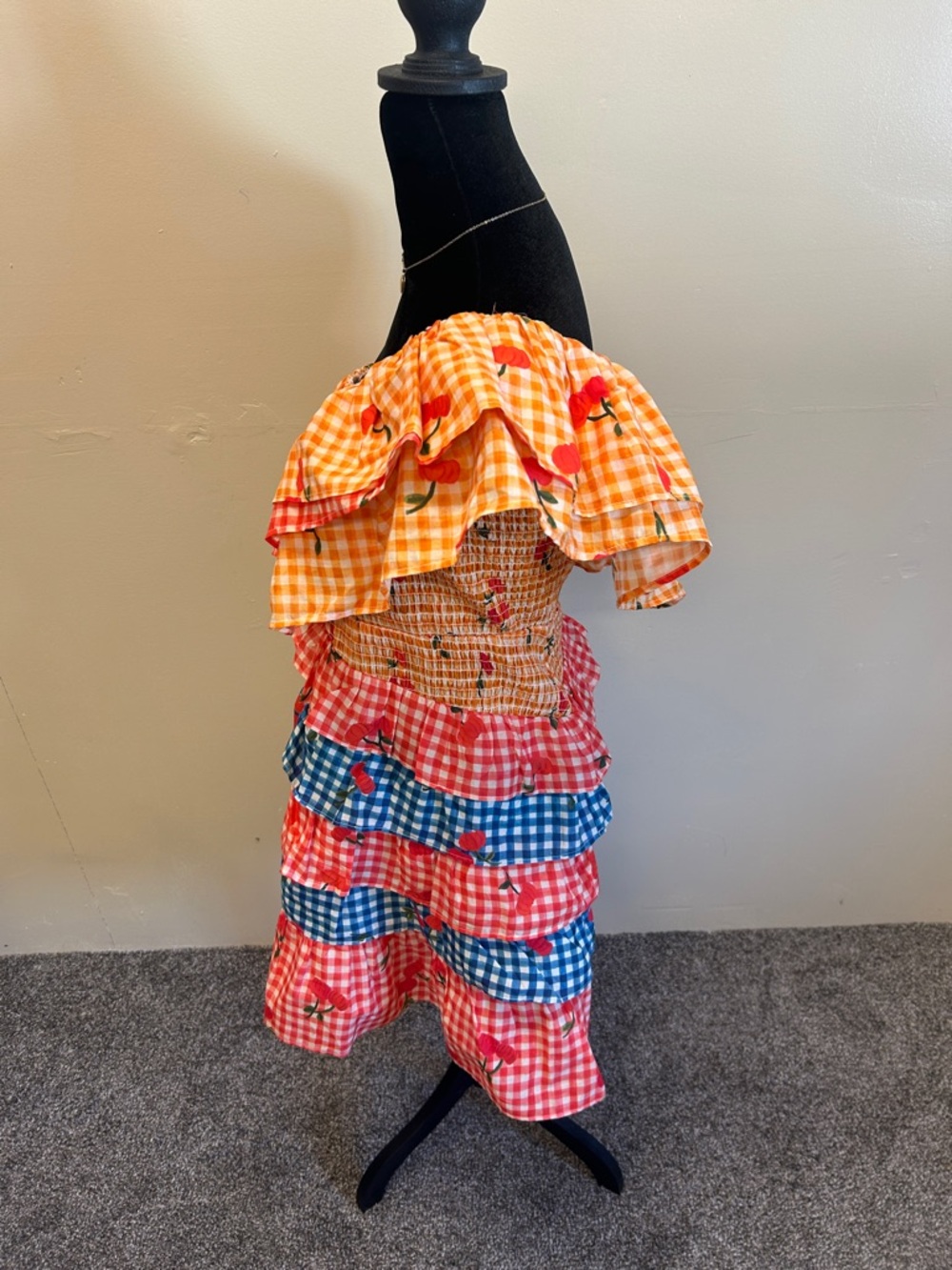 FARM Rio One-Shoulder Ruffle Gingham Dress with Cherry Print - Orange/Blue/Red - Picture 4 of 6